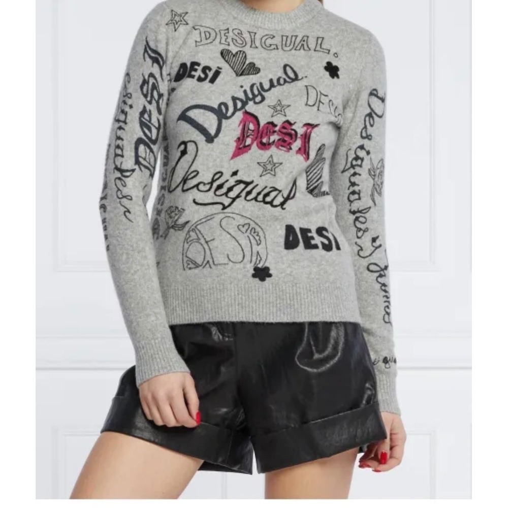 Desigual Graffiti PALOMA Logo Sweater Womens L Grey Streetwear Graphic Knit Top